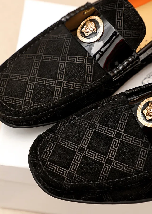 Versace Odissea Preto Laranja Superior com Padrão Greca Fivela Cabeça Medusa Mocassim 9