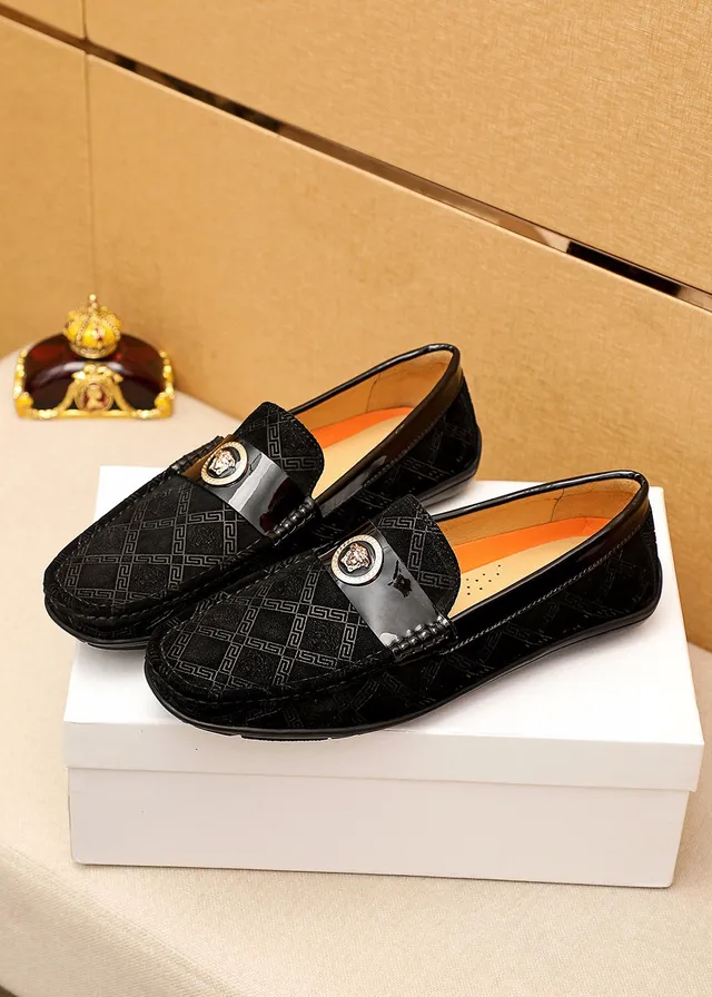 Versace Odissea Preto Laranja Superior com Padrão Greca Fivela Cabeça Medusa Mocassim 6