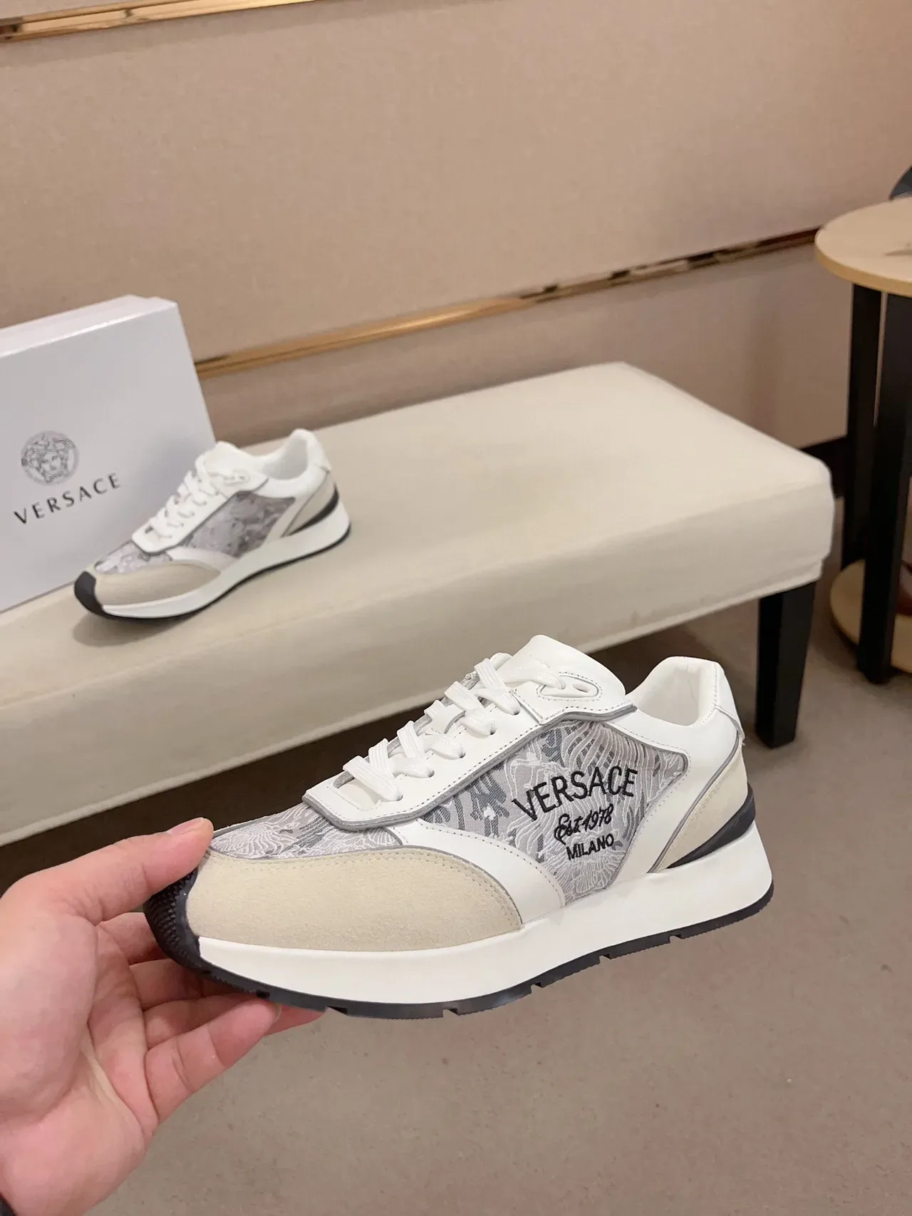 Versace Odissea White Beige Gray Embroidered Lifestyle Sneakers 3