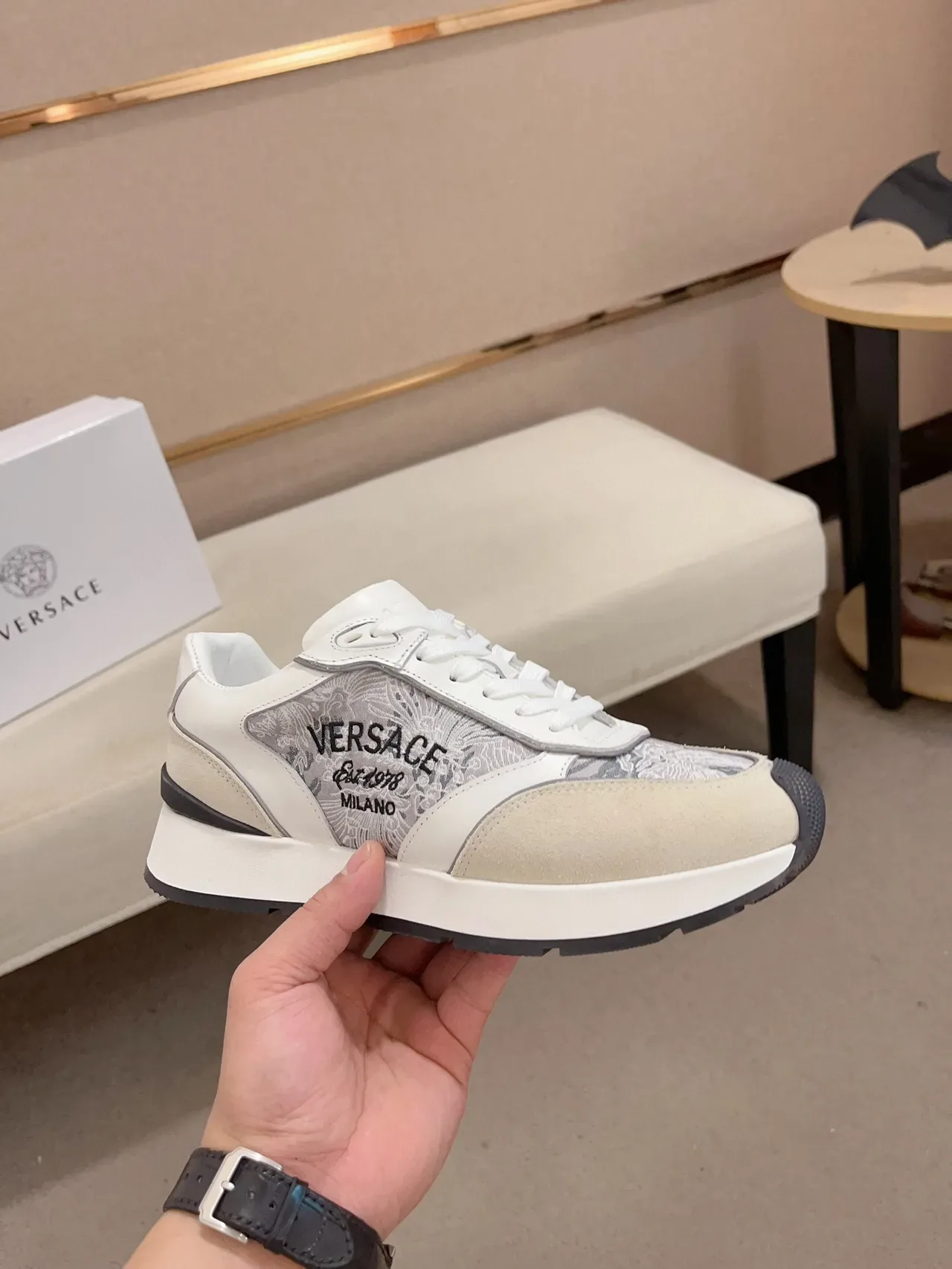 Versace Odissea White Beige Gray Embroidered Lifestyle Sneakers 4