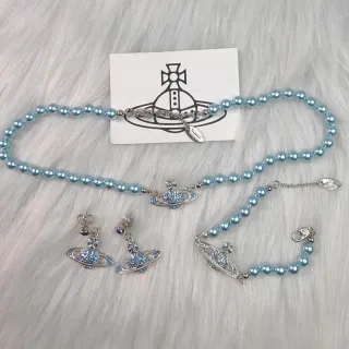 Vivienne Westwood Classic Orb Blue Silver Pearl-Beaded Crystal-Pavé Necklace