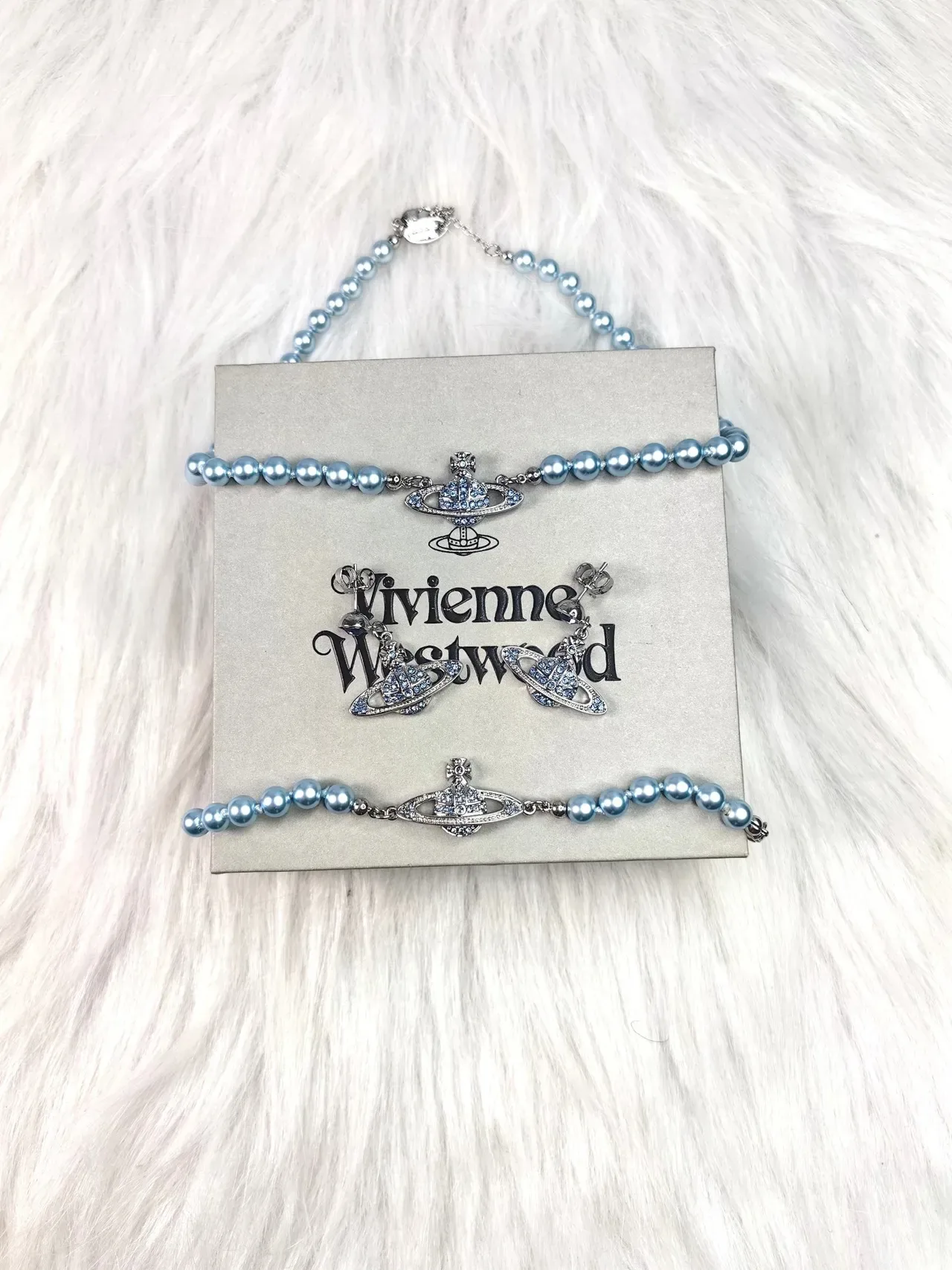 Vivienne Westwood Classic Orb Blue Silver Pearl-Beaded Crystal-Pavé Necklace 3