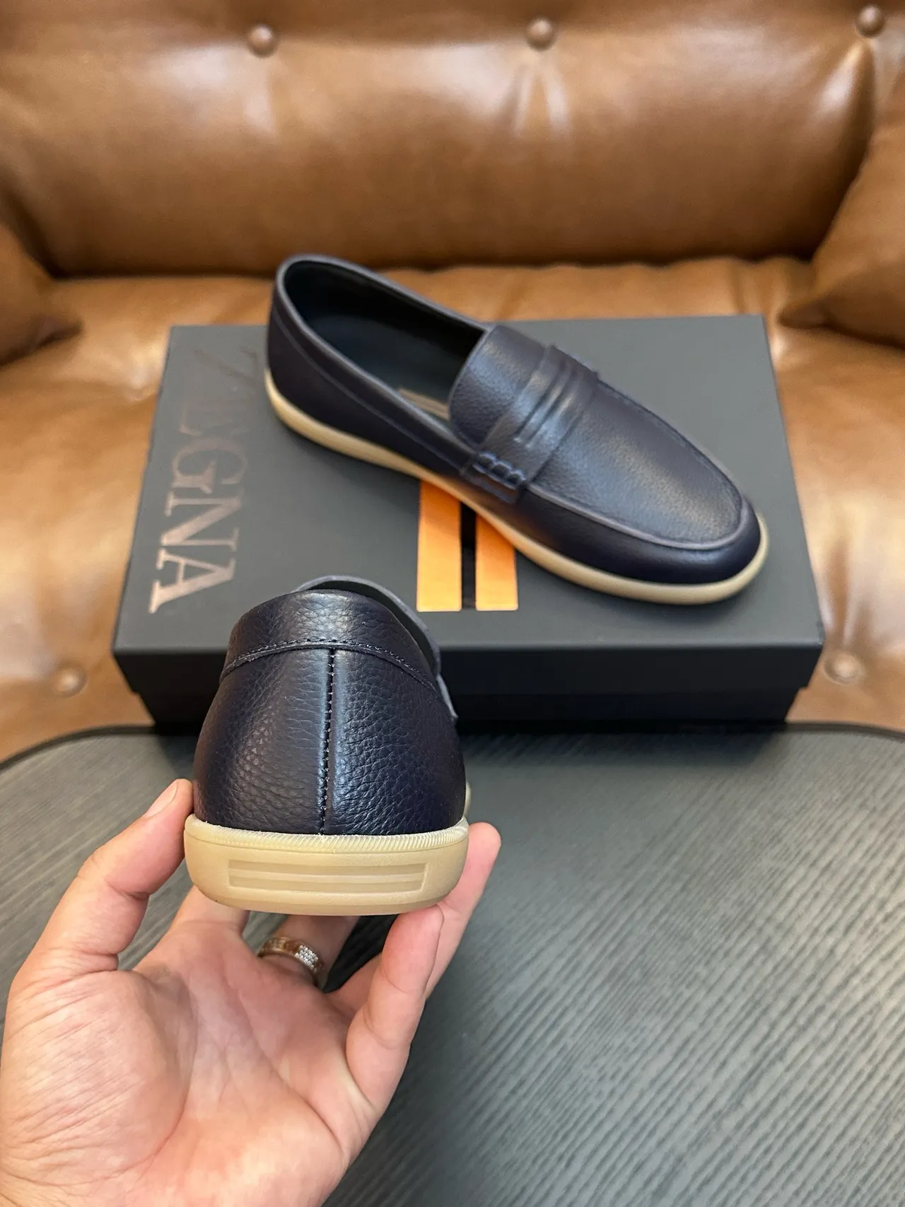 Zegna Azul marinho Bege Couro granulado Tira penny Mocassim 3