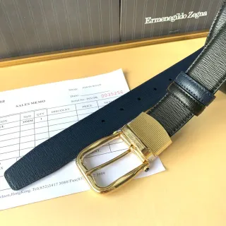 Zegna 海军蓝 黑色 凸纹 镀金扣 纹理皮革腰带