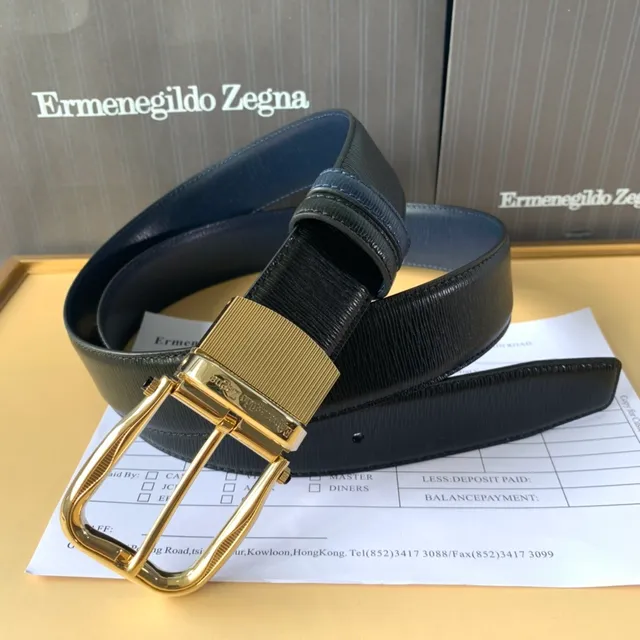 Zegna بحري أسود مموج تون ذهبي مشبك جلد مُختَبَر حزام 3