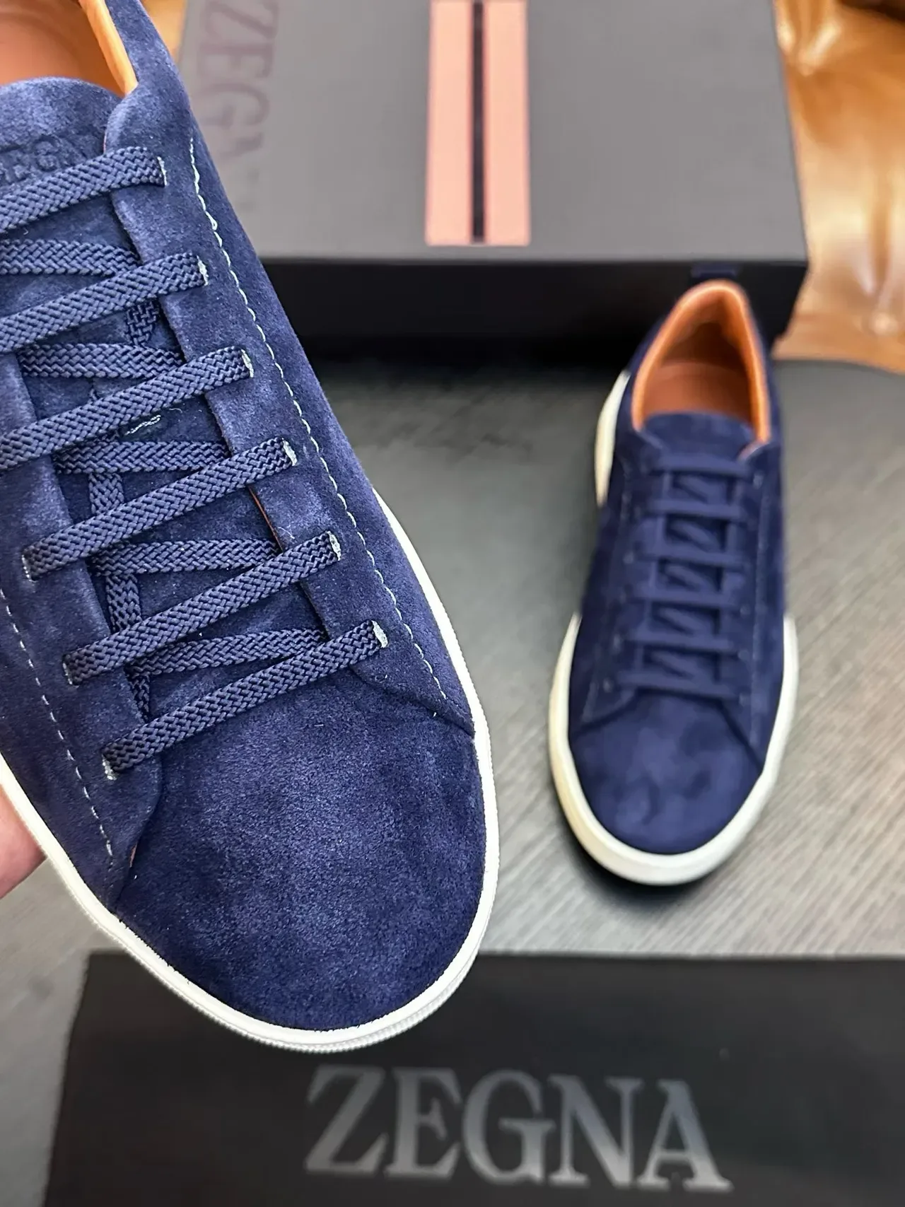 Zegna Navy Suede Low-Top Sneaker 4