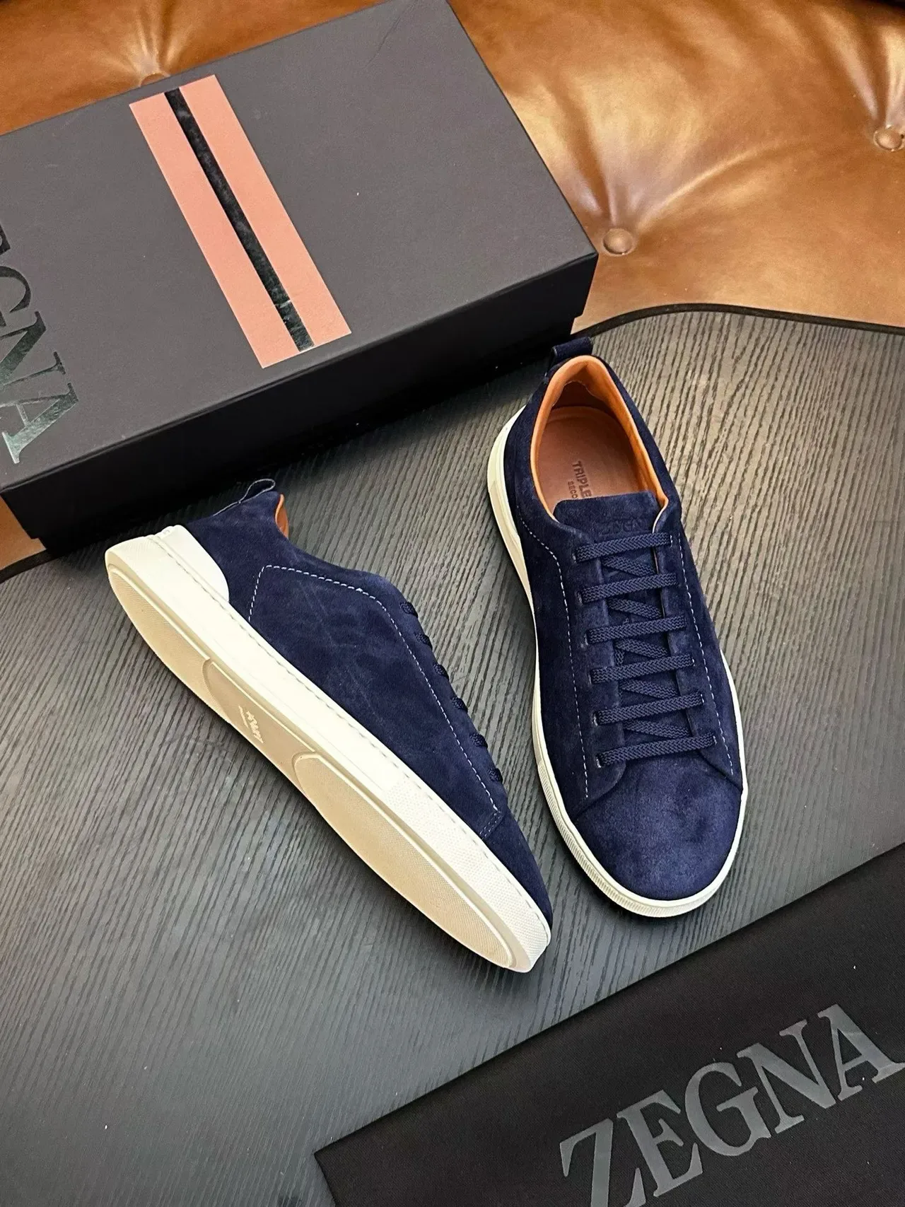 Zegna Navy Suede Low-Top Sneaker 5