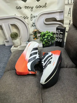Adidas Adios Boost White Orange Sculpted Gradient Midsole Three-Stripe Side Panel Running Shoes 6