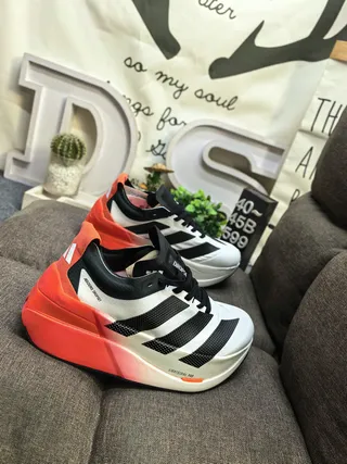 Adidas Adios Boost White Orange Sculpted Gradient Midsole Three-Stripe Side Panel Running Shoes 9