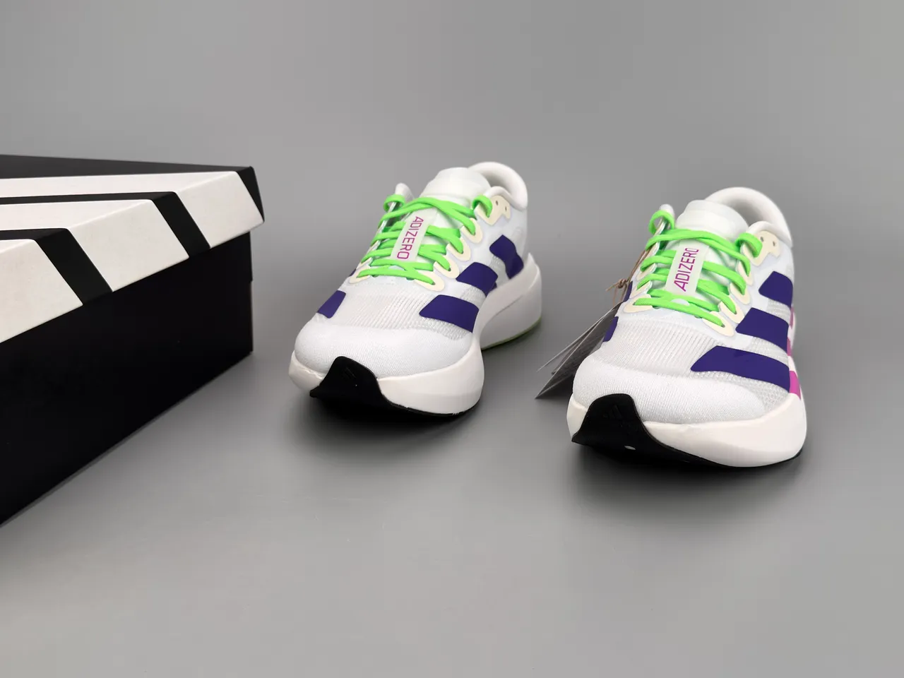 Adidas Adizero Evo 9 Branco Roxo Magenta Verde Lima Tênis de corrida 3