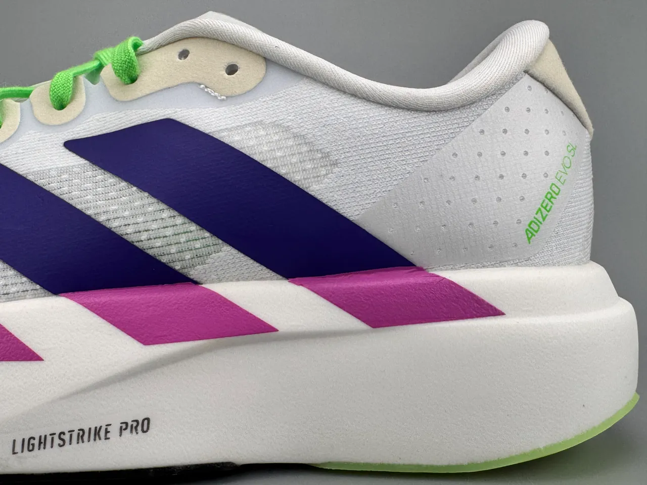Adidas Adizero Evo 9 Branco Roxo Magenta Verde Lima Tênis de corrida 5