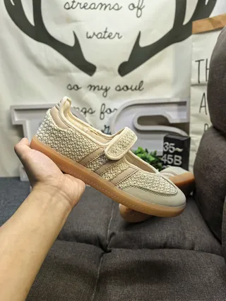 Adidas Beige Brown Laceless Mary Jane Strap Woven Textile Upper Lifestyle Sneakers 5