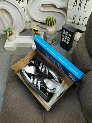 Adidas Black Silver Glossy Patent Leather Metallic Stripes Lifestyle Sneakers 3