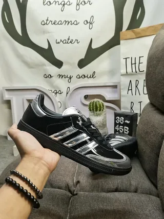 Adidas Black Silver Glossy Patent Leather Metallic Stripes Lifestyle Sneakers 6