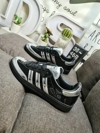 Adidas Black Silver Glossy Patent Leather Metallic Stripes Lifestyle Sneakers 7