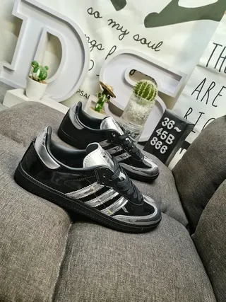 Adidas Black Silver Glossy Patent Leather Metallic Stripes Lifestyle Sneakers 9