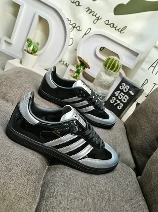 Adidas Black Silver Glossy Patent Upper Metallic Three Stripes Lifestyle Sneakers 9
