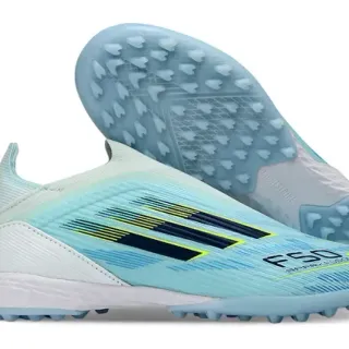 Adidas F50 Azul Blanco Col de Calcetín Ribeteado Upper Sintético Césped Zapatos de Fútbol