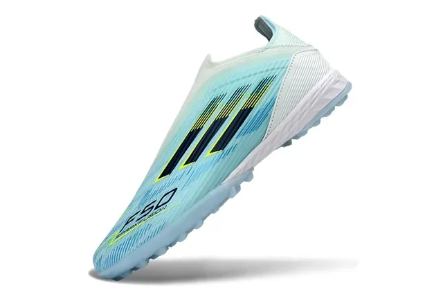 Adidas F50 أزرق أبيض كولار الجوارب المخططة أعلى اصطناعي مخطط تراف أحذية كرة القدم على العشب 3