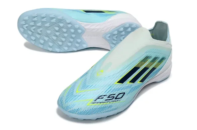 Adidas F50 أزرق أبيض كولار الجوارب المخططة أعلى اصطناعي مخطط تراف أحذية كرة القدم على العشب 5
