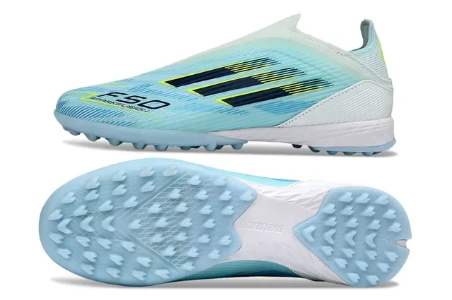 Adidas F50 أزرق أبيض كولار الجوارب المخططة أعلى اصطناعي مخطط تراف أحذية كرة القدم على العشب 7