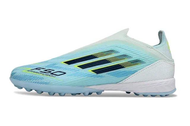 Adidas F50 أزرق أبيض كولار الجوارب المخططة أعلى اصطناعي مخطط تراف أحذية كرة القدم على العشب 8
