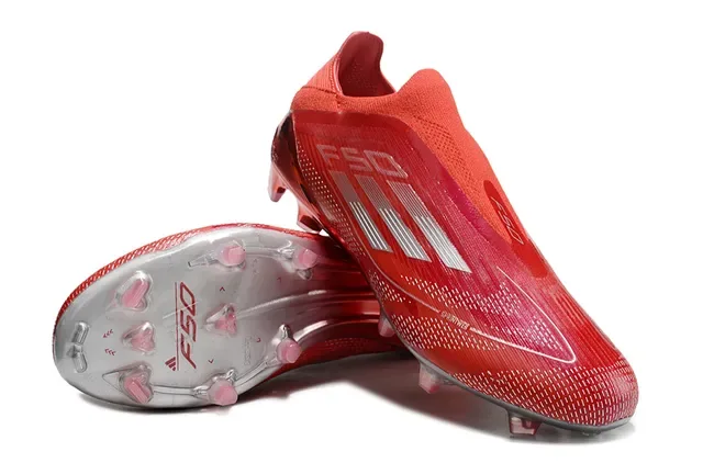 Adidas F50 Chaussures de football rouge argent bas plaque translucide ajustement chaussettes gazon artificiel 4