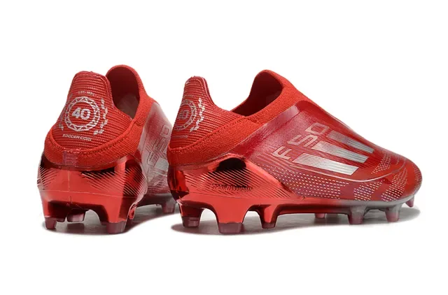 Adidas F50 Chaussures de football rouge argent bas plaque translucide ajustement chaussettes gazon artificiel 5