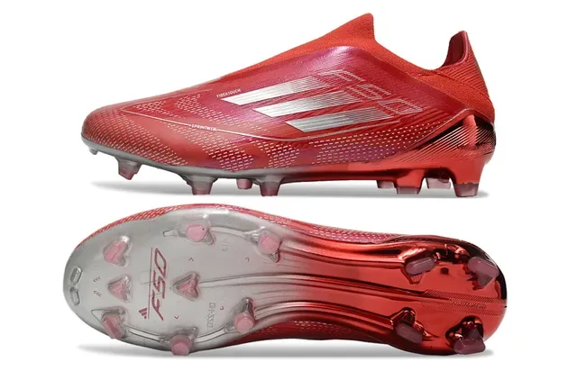 Adidas F50 Chaussures de football rouge argent bas plaque translucide ajustement chaussettes gazon artificiel 6