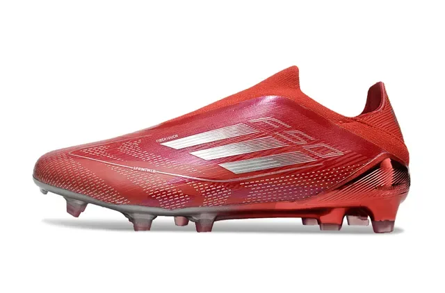 Adidas F50 Chaussures de football rouge argent bas plaque translucide ajustement chaussettes gazon artificiel 7