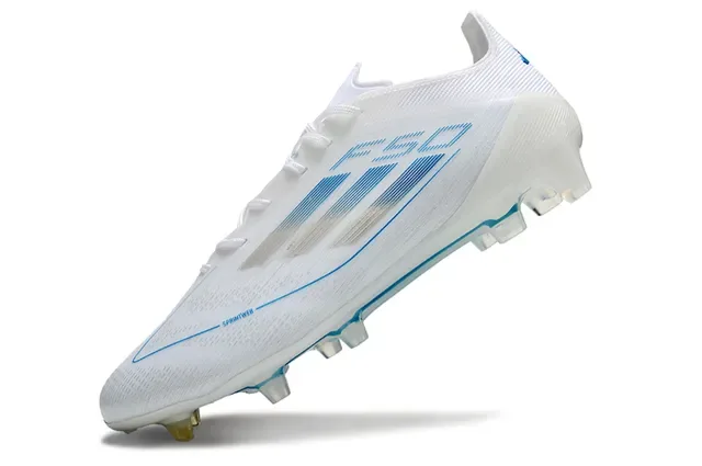 Adidas F50 Tênis de Futebol branco e azul upper low-cut knit detalhe gráfico de listras horizontais Firm-Ground 3