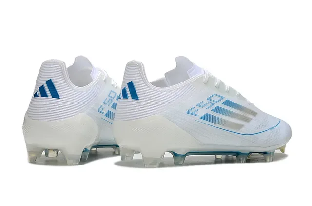 Adidas F50 Tênis de Futebol branco e azul upper low-cut knit detalhe gráfico de listras horizontais Firm-Ground 5