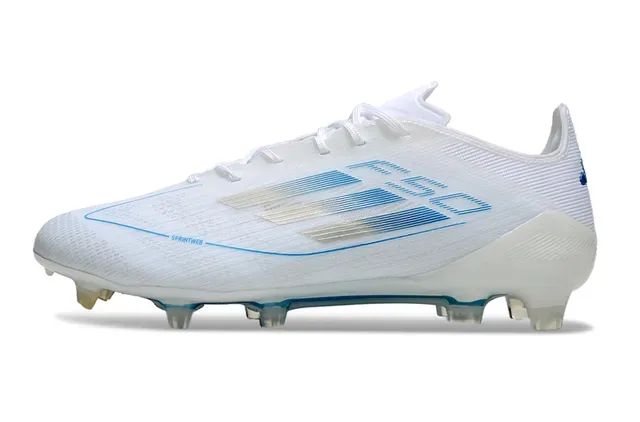 Adidas F50 Tênis de Futebol branco e azul upper low-cut knit detalhe gráfico de listras horizontais Firm-Ground 7