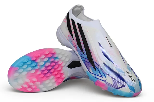 Adidas Chaussures de Football pour Pelouse Multicolores Sans Lacets Haut Ajusté Chaussette Graphismes Dégradé Rose-Bleu-Blanc 1