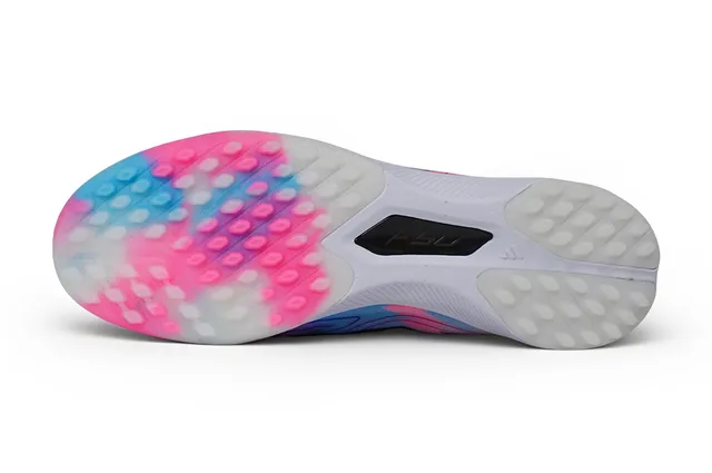 Adidas Chaussures de Football pour Pelouse Multicolores Sans Lacets Haut Ajusté Chaussette Graphismes Dégradé Rose-Bleu-Blanc 6