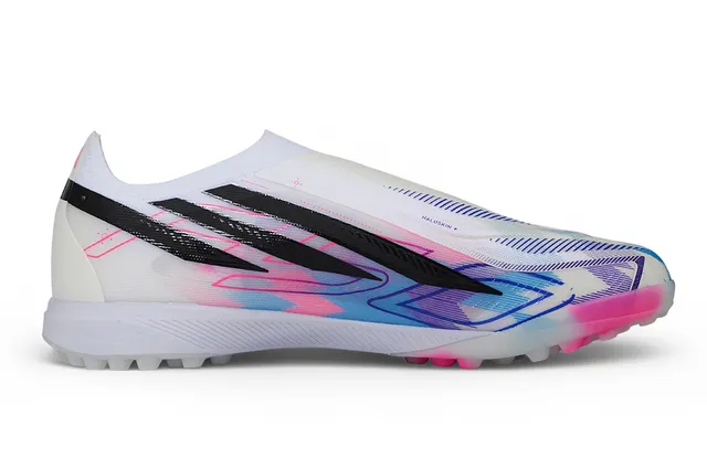 Adidas Chaussures de Football pour Pelouse Multicolores Sans Lacets Haut Ajusté Chaussette Graphismes Dégradé Rose-Bleu-Blanc 7
