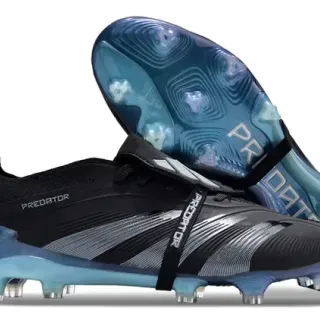 Adidas Predator Black Blue Laceless Strap Closure Textured Silver-Gray Overlays Firm-Ground Soccer Shoes