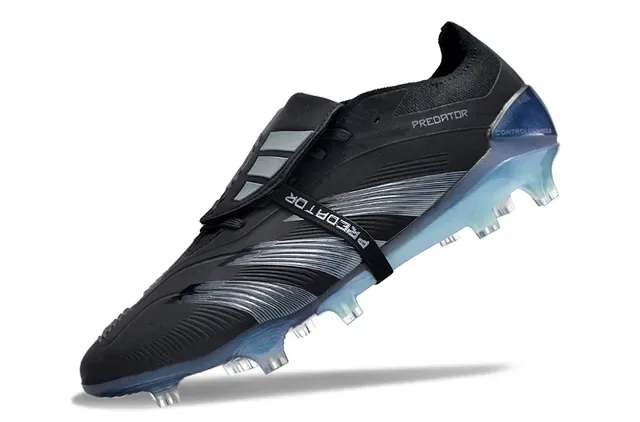 Adidas Predator Preto Azul Sem Cadarços Fecho de Cinta Texturizado Prata-Cinza Overlays Ground Firm Sapatos de Futebol 3