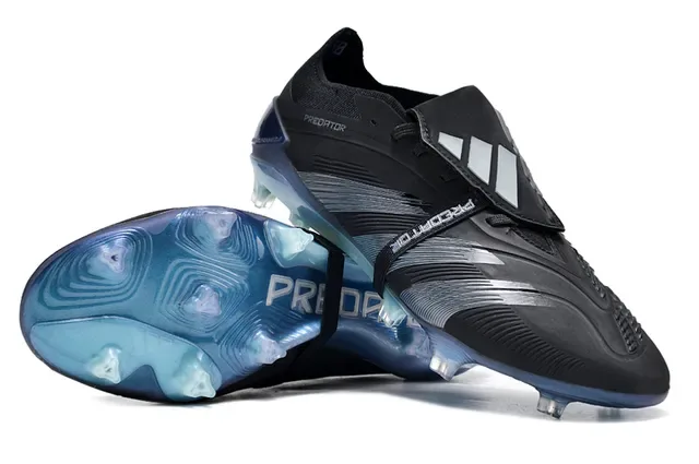 Adidas Predator Preto Azul Sem Cadarços Fecho de Cinta Texturizado Prata-Cinza Overlays Ground Firm Sapatos de Futebol 4