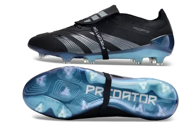 Adidas Predator Preto Azul Sem Cadarços Fecho de Cinta Texturizado Prata-Cinza Overlays Ground Firm Sapatos de Futebol 6