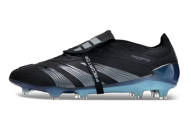 Adidas Predator Preto Azul Sem Cadarços Fecho de Cinta Texturizado Prata-Cinza Overlays Ground Firm Sapatos de Futebol 7
