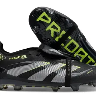 Adidas Predator Black Green Laceless Strap Closure Synthetic Textured Upper Firm-Ground Soccer Shoes