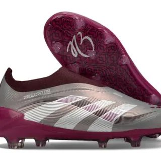 Adidas Predator Burgundy Silver Sock-Fit Collar Striped Cage Overlay Firm-Ground Soccer Shoes
