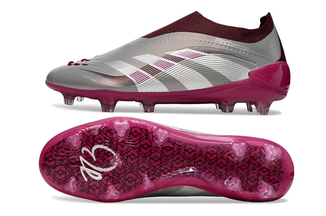 Adidas Predator Burgundy Silver Sock-Fit Collar Striped Cage Overlay Firm-Ground Soccer Shoes 6