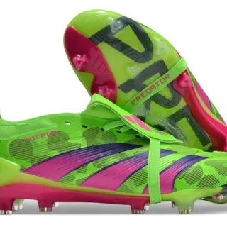 Adidas Predator हरा गुलाबी लेसलेस स्ट्रैप क्लोजर नियोन सिंथेटिक अपर फर्म ग्राउंड फुटबॉल जूते