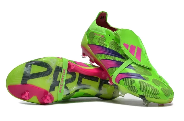 Adidas Predator Verde Rosa Sem Cadarço Fechamento de Alça Upper Sintético Neon Sapatos de Futebol Firm Ground 5