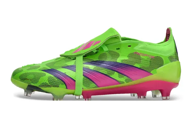 Adidas Predator Verde Rosa Sem Cadarço Fechamento de Alça Upper Sintético Neon Sapatos de Futebol Firm Ground 7