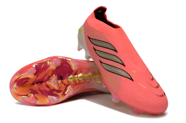 Adidas Predator Chuteira rosa laranja, upper sock-fit, sola iridescente translúcida, solo firme 3