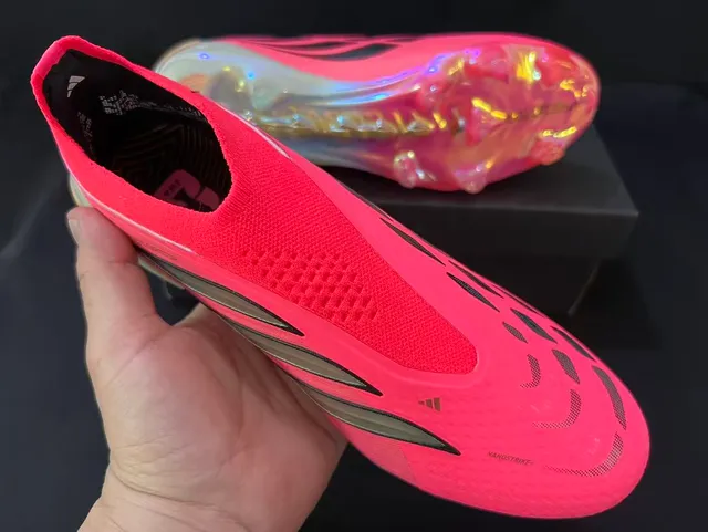 Adidas Predator Chuteira rosa laranja, upper sock-fit, sola iridescente translúcida, solo firme 12