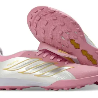 Adidas Predator Zapatos de fútbol turf rosa blanco con solapa superior sintética y cierre de correa sin cordones